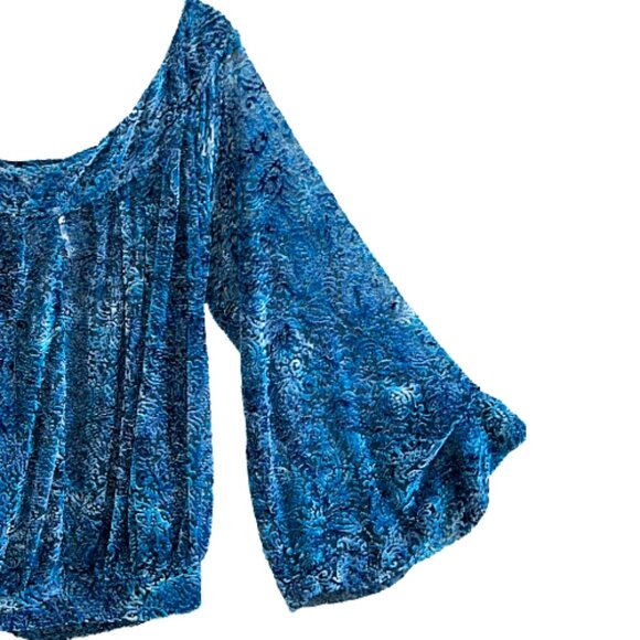 Free People Velvet Burnout Bell Sleeve Blouse Teal Sky Blue M Boho Festival - Picture 4 of 10
